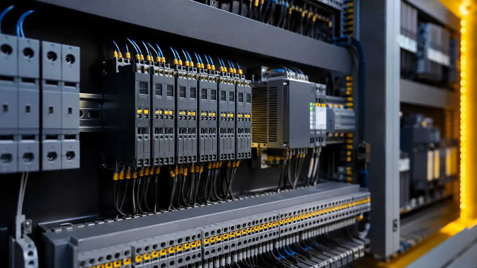 Visuel éditorial : rangée de modules et de bornes dans une armoire électrique.