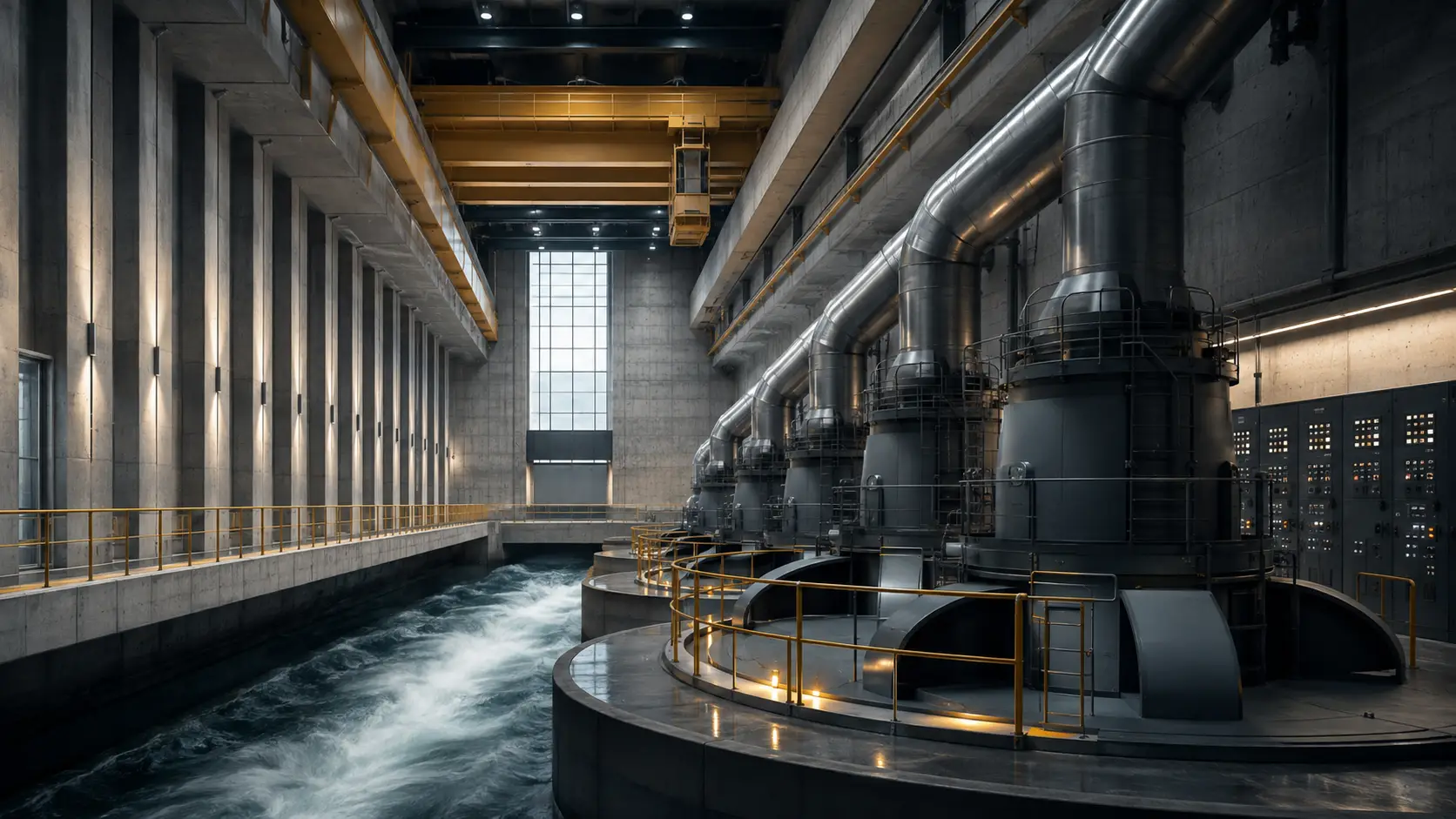 Visuel éditorial : salle des machines d’une centrale hydroélectrique.
